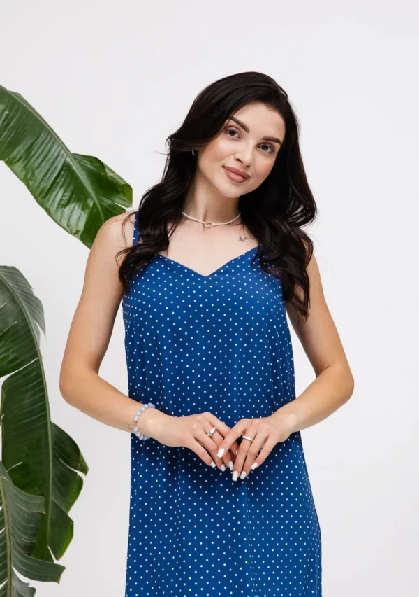 SHARM Сукня на тонких бретелях з софту міді, синя в горох — розміри S–XXL, доставка по Україні